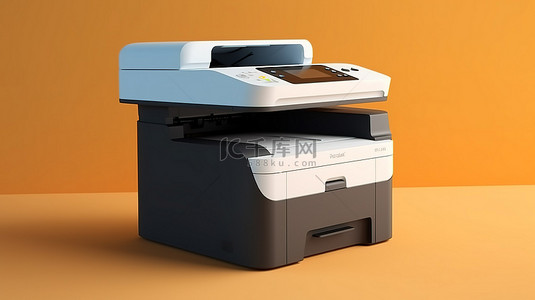 独立办公设备的 3D 插图，配有专业用途的多功能打印机和扫描仪