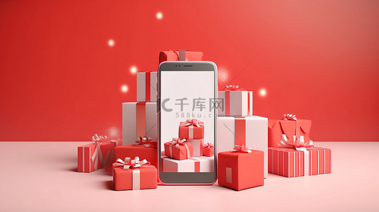 电子商务海报背景背景图片_3D 渲染的电子商务横幅，配有带礼品盒和百分比的智能手机