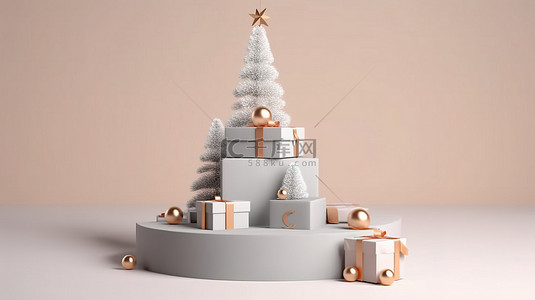 快乐的节日背景图片_以圣诞树和 3D 插图礼物为特色的节日产品展示