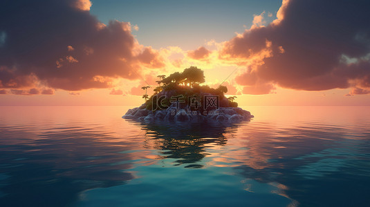 岛屿绿洲日落海中宁静的 3D 渲染