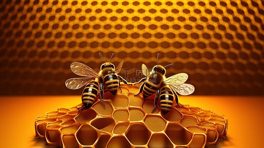 闪闪发光的蜂窝与忙碌的蜜蜂具有空置基座用于促销展示 3D 插图