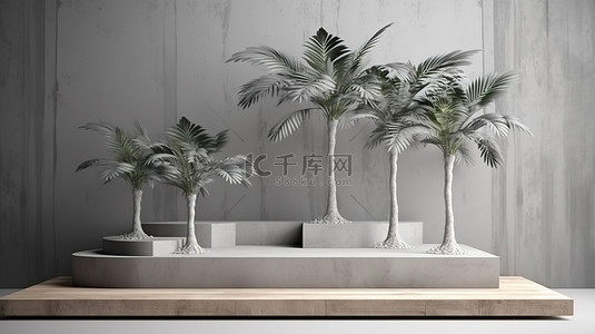 混凝土木讲台上棕榈热带概念的背景插图与水泥墙 3D 渲染