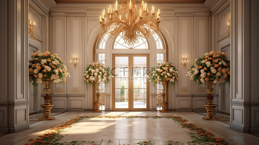 豪华台灯背景图片_1 3D 渲染豪华经典的酒店入口，配有宏伟的花卉布置和雄伟的金色枝形吊灯