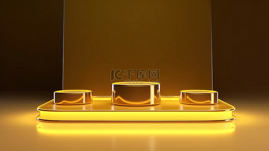 霓虹黄色简约 3D 产品展示，三个讲台上带有金色线条和豪华背景