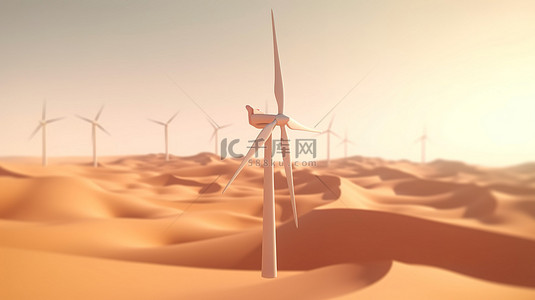 在 3D 渲染中由女性手放置在沙漠中的风力涡轮机