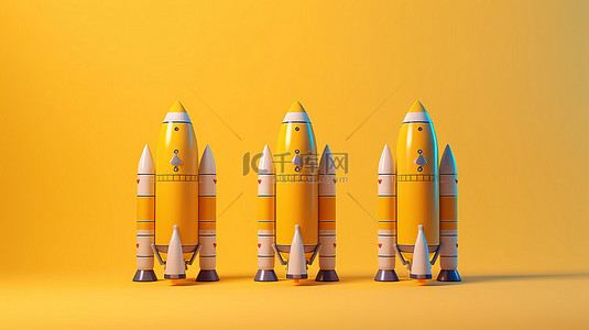 3D 渲染火箭模型集合在阳光明媚的黄色背景下爆炸