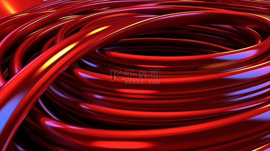 在匹配的背景下，用充满活力的红线对弯曲的红色电缆进行抽象 3D 渲染