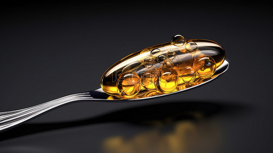 勺子勺子背景图片_带有 3D 渲染欧米茄 3 鱼油胶囊的隔离金属勺子