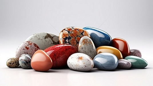 白色背景上天然石卵石和大理石的 3D 渲染插图，用于推广产品水疗和放松