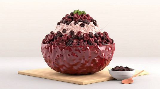 布丁红豆背景图片_卡通风格 3d 渲染红豆和巧克力顶部 bingsu 刨冰隔离在白色背景