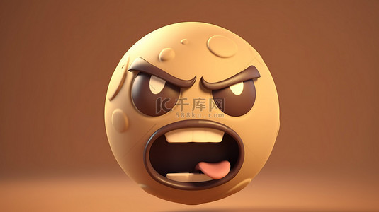 3d 在社交媒体的棕色背景上渲染愤怒的 facebook 反应图标气球符号