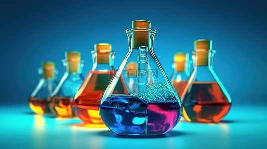 蓝色背景渲染充满化学品的实验室玻璃烧瓶
