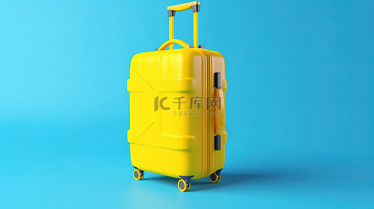带着蓝色手提箱在黄色背景下时尚旅行，非常适合暑假和商务旅行3D 渲染
