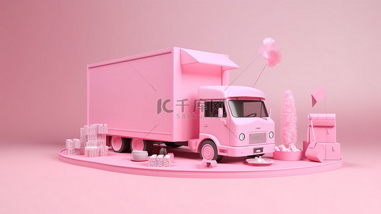 在线购物概念粉红色店面和 3d 送货卡车在粉红色背景下呈现
