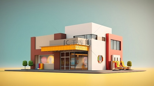 一座小型零售建筑的插图 3D 渲染