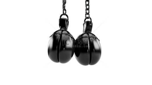 白色背景的 3D 渲染，黑色拳击手套隔离悬挂