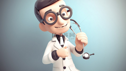 卡通医背景图片_3d 卡通医生手拿着听诊器，象征着医疗保健和健康概念