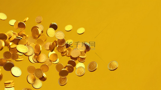黄色背景，金币掉落，代表 3D 渲染中的银行和投资概念