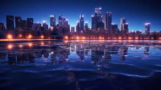 抽象概念图背景图片_发光水照亮的夜间城市景观 3D 概念图