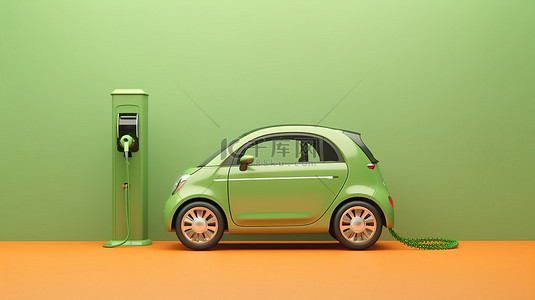 充满活力的绿色背景 3D 渲染上的生态友好型电动汽车充电站
