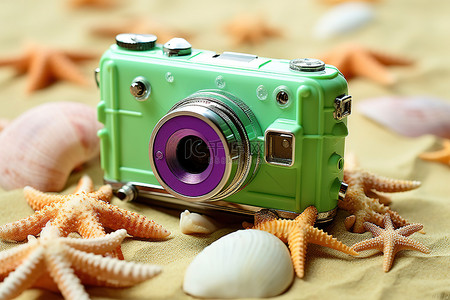 绿色鱼背景图片_坐在彩色沙子上的绿色相机