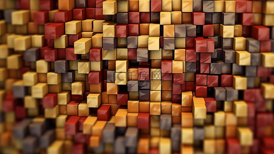 彩色几何 3D 背景中的随机立方体元素，具有棕色配色方案