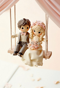 一张小照片，上面是一对情侣和一对带着粉色蝴蝶结和花瓣摇摆的情侣