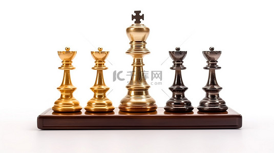 皇家国王和国际象棋棋子三人组在白色背景上的 3D 渲染中达到平衡规模