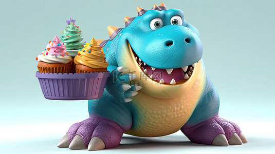 搞笑的 3D 胖乎乎的恐龙拿着美味的纸杯蛋糕