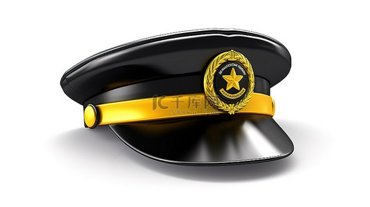 使用 3D 渲染创建的白色背景上的金色徽章黑色出租车司机帽和空白丝带出租车标志