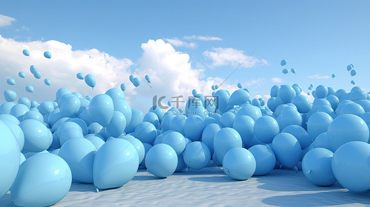 孩子蓝色背景图片_柔和的蓝色气球在 3D 渲染的卡通天空中翱翔