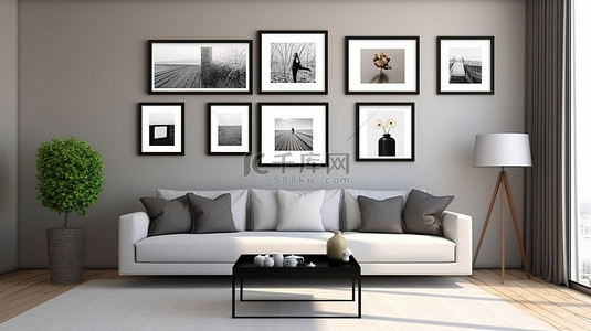 多个相框背景图片_现代客厅，墙壁上装饰着多个相框 3D 渲染