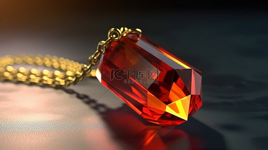 金色链条，饰有 3D 棱镜渲染中的闪亮红色水晶