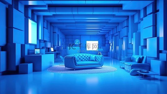 蓝色背景上创意元宇宙房间的创新 3D 渲染，突出技术和进步