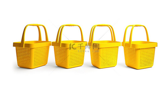 白色背景上孤立的黄色购物篮的 3d 渲染