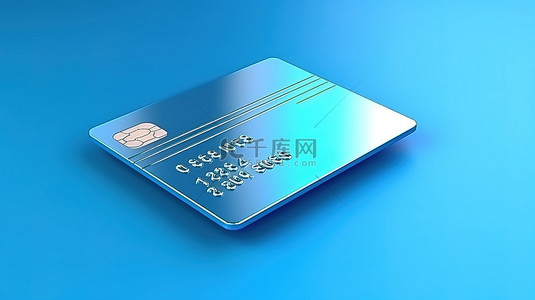 信用卡平放背景图片_彩色背景上孤立蓝色信用卡模板的 3D 插图