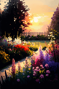 鲜花树阳光栅栏阳光里的花园花卉油画背景