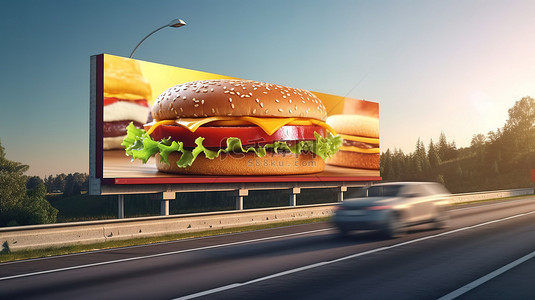 三明治海报背景图片_3D 渲染模型中的高速公路汉堡广告