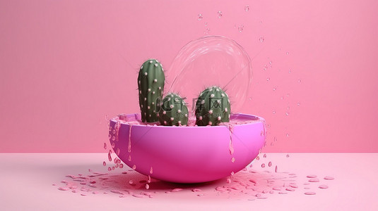 仙人掌设计背景图片_仙人掌的简约 3D 渲染浸入粉红色，营造夏日氛围