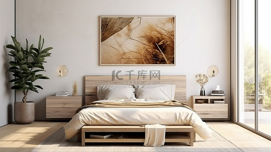 海报家庭背景背景图片_现代卧室内饰，配有波西米亚风格的 3D 渲染模型海报框架