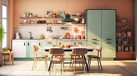 复古公寓 3D 渲染时尚用餐区，配有浅色厨房和复古风格