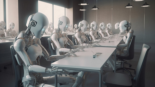 自动化背景图片_未来派女性机器人在行动 3D 渲染办公室环境中自动化工人的图像