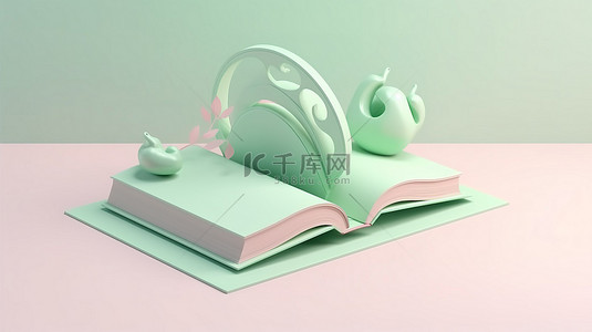 绿色柔和的倾斜卡通书，带有 3D 渲染中的徽标图标