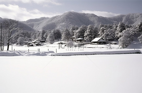 山和房屋附近的雪覆盖的田野