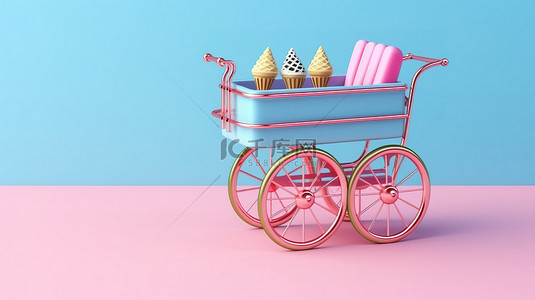 复古桌子背景图片_双色调 3D 渲染中粉红色背景上的蓝色复古冰淇淋车的模型
