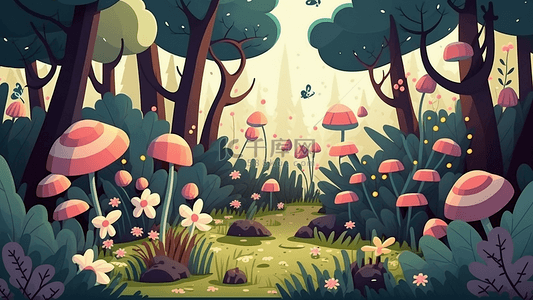 树林蘑菇卡通插画背景
