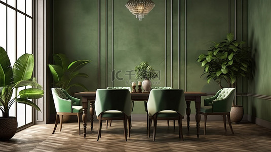 仿古风格餐厅的 3D 渲染，配有绿色椅子和木桌
