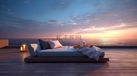 暮光海景 3D 渲染木制露台上的躺椅