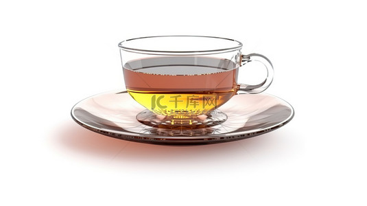白色背景上隔离的红茶填充玻璃杯和盘子的 3D 渲染