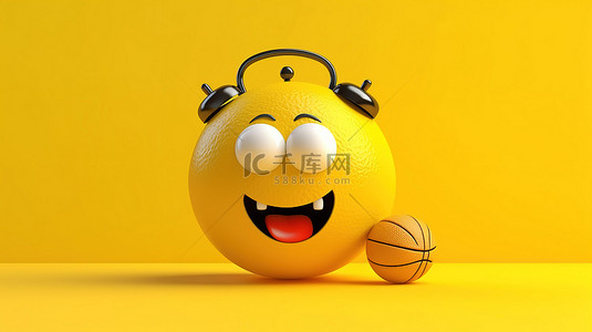 角色创建背景图片_吉祥物闹钟在高品质 3D 创建的充满活力的黄色背景上运球篮球